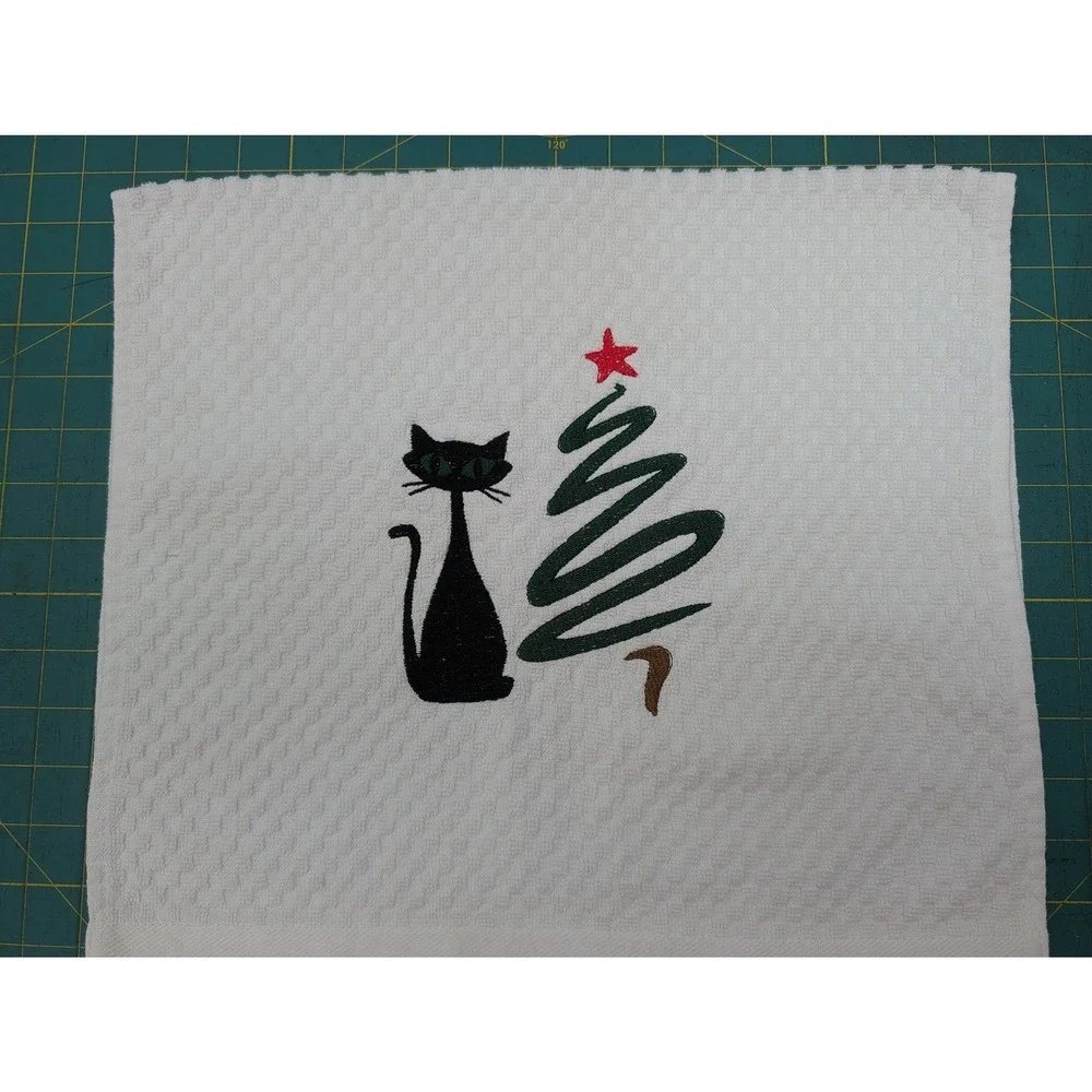 Christmas Swirl Tree Retro Cat Mid Century Modern Atomic Kitchen Bath Hand Towel